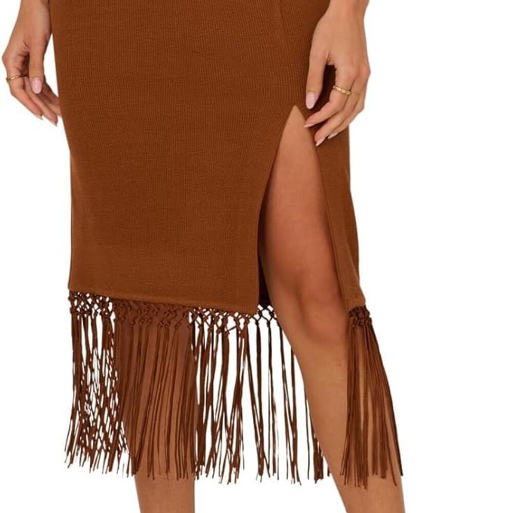 Adrianna Papell Size 8 Brown Fringe Trim Midi Dress NWT Cocktail Date Night - Picture 5 of 7